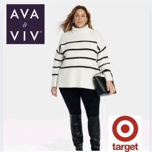 🎯 Ava & Viv Cozy Knit Turtleneck Pullover Sweater  Ivory Striped Women's